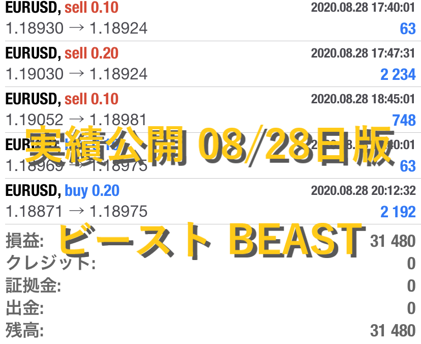ビースト BEAST FX自動売買ツール 実績公開 08/28日版 日利4%!!月利80!?
